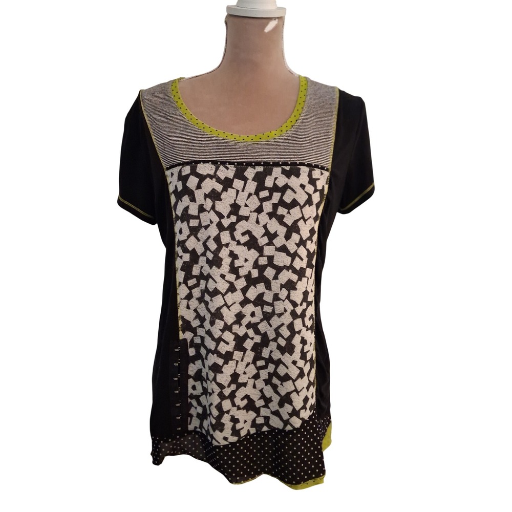 Variations Women Black White Geometric Mixed Media Tunic Top Lime Trim Large